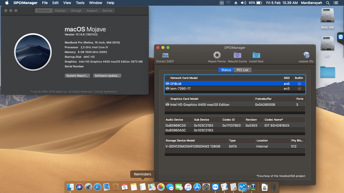 Success Hackintosh macOS Mojave 10.14.6 Build 18G103 at HP EliteBook 810 G2